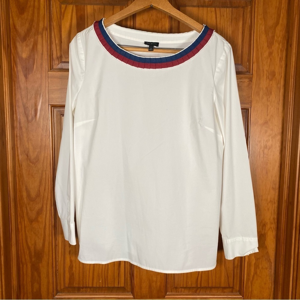 Talbots Crisp White Long Sleeve Blouse with Red and Blue Ruffle Trim